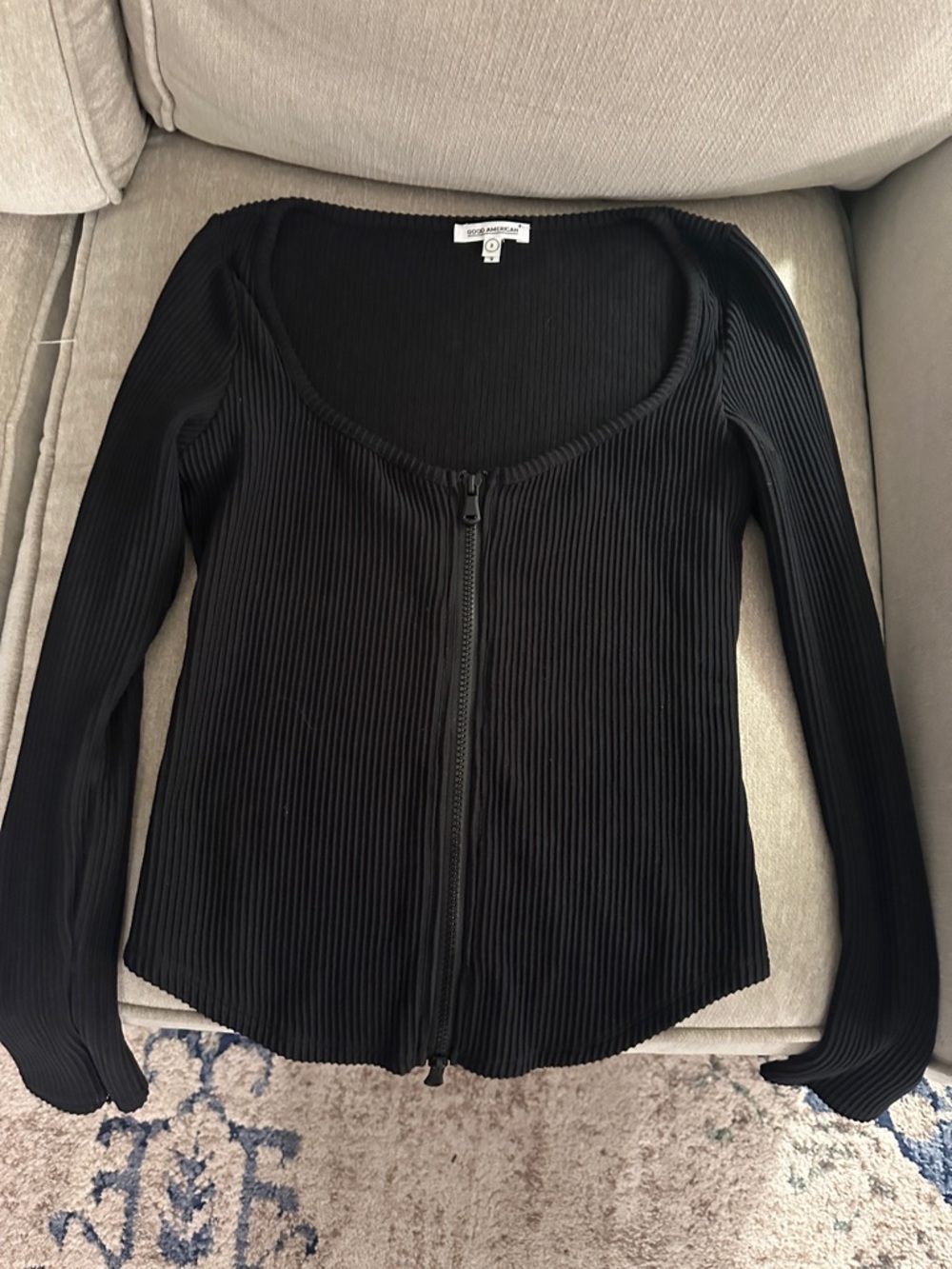 Good American Black Ribbed Long Sleeve Zip-Up Top
